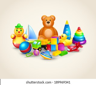 Decorative kids toys composition of ball yacht peg top teddy bear vector illustration