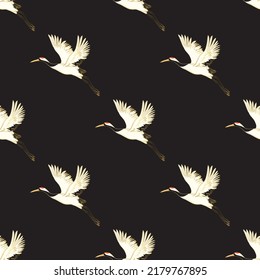 Decorative kimono floral motif background pattern with crane and flowers vector illustration
