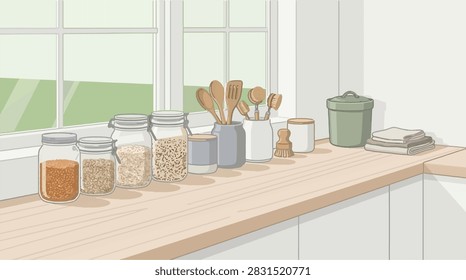 Decorative kitchen vector illustration showing glass storage jars filled with grains arranged neatly on a wooden countertop by the window