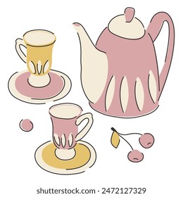 Ensemble d'illustrations pour boire du thé. Connaissant. Délicate  Images de théière, tasses, soucoupes. Image vectorielle , objets isolés.