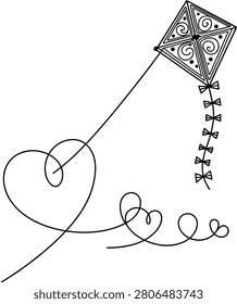 A decorative kite with swirling patterns and bows flies high with a curly tail in the air.