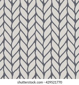 Decorative knitting braids seamless pattern. Endless hand drawn grey stylized sweater fabric. Trendy stylish texture with rough edges. Perfect for fabric design, wallpaper, wrapping, backdrops