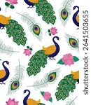 decorative krishna janmashtami background beautiful peacocks gold blue feathers floral elements cultural celebration and spiritual illustration for textiles