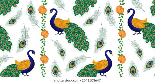 decorative krishna janmashtami background with beautiful peacocks gold and blue feathers floral elements cultural celebration and spiritual illustration