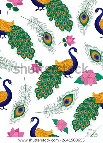 decorative krishna janmashtami background beautiful peacocks gold blue feathers floral elements cultural celebration and spiritual illustration for textiles