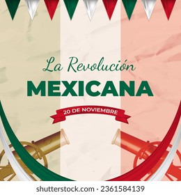 Decorativa La Revolución Mexicana saluda al viejo estilo de papel con banderas, cañones y cintas realistas. Traducir: Día de la Revolución de México, 20 de noviembre