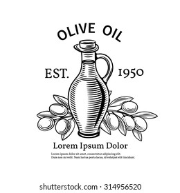 Decorative label with a bottle of oil and olives. Vector illustration.
