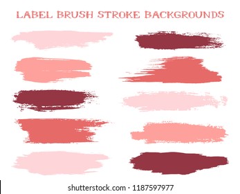 Decorative label brush stroke backgrounds, paint or ink smudges vector for tags and stamps design. Painted label backgrounds patch. Interior paint color palette swatches. Ink dabs, red pink splashes.