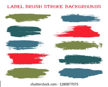 Decorative label brush stroke backgrounds, paint or ink smudges vector for tags and stamps design. Painted label backgrounds patch. Interior colors guide book elements. Ink red green teal stains.