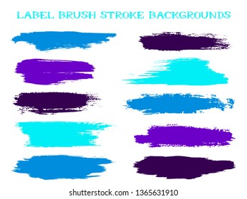 Decorative label brush stroke backgrounds, paint or ink smudges vector for tags and stamps design. Painted label backgrounds patch. Interior colors scheme samples. Ink dabs, cyan blue black splashes.