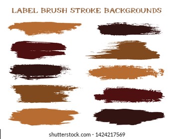 Decorative label brush stroke backgrounds, paint or ink smudges vector for tags and stamps design. Painted label backgrounds patch. Interior paint color palette samples. Ink dabs, brown splashes.