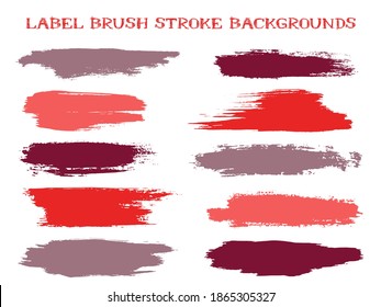 Decorative label brush stroke backgrounds, paint or ink smudges vector for tags and stamps design. Painted label backgrounds patch. Vector ink color palette samples. Ink pink red cherry stains.