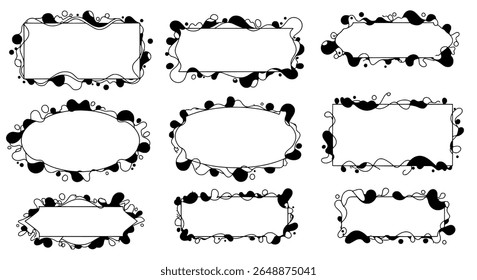 Decorative Label Frames with Swirly Border Art in Silhouette Style for Packaging and Vintage Design