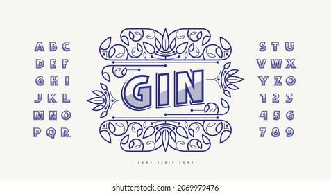 Decorative label for gin and ornate sans serif font. Hollow letters with hatching and shadow. Vector illustration