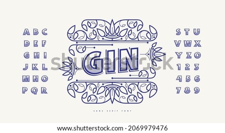 Decorative label for gin and ornate sans serif font. Hollow letters with hatching and shadow. Vector illustration