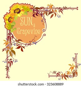 Decorative label with sunflower and grapevine. Hand drawn vector line 