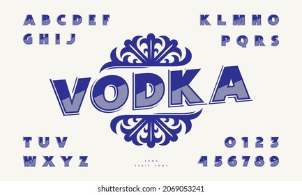 Decorative label for vodka and ornate sans serif font. Letters with hatching and shadow. Vector illustration. Blue print on white background