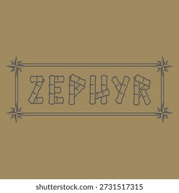 Decorative label with zephyr text and small star accents on a muted tan background