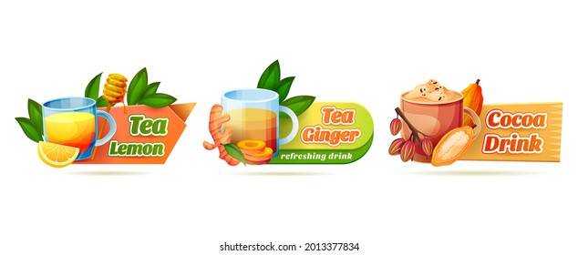 Decorative labels for hot cocoa drink, ginger or lemon green tea with honey. Sticker set for aroma hot or cold beverages with additive.