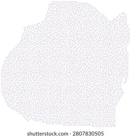Decorative labyrinth design showing purple pathways. Artistic map silhouette filled with complex puzzle network. Geometric line art on white background.