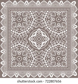 Decorative lace background, geometric floral doodle pattern with ornate frame. Tribal ethnic mandala ornament. Bandanna shawl, tablecloth fabric print, silk neck scarf, kerchief design