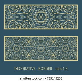 Decorative lace border, ornamental panel, doodle mandala pattern. Isolated design elements for invitation, cards envelope. Tribal ethnic arabic, indian, turkish ornament, templates set