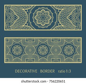 Decorative lace border, ornamental panel, doodle mandala pattern. Isolated design elements for invitation, cards envelope. Tribal ethnic arabic, indian, turkish ornament, templates set