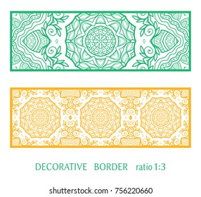 Decorative lace border, ornamental panel, doodle mandala pattern. Isolated design elements for invitation, cards envelope. Tribal ethnic arabic, indian, turkish ornament, templates set