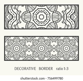 Decorative lace border, ornamental panel, doodle mandala pattern. Isolated design elements for invitation, cards envelope. Tribal ethnic arabic, indian, turkish ornament, templates set