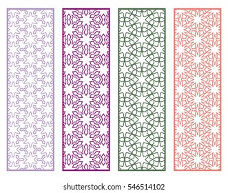 Decorative lace borders patterns. Tribal ethnic arabic, indian, turkish ornament, bookmarks templates set. Isolated design elements. Stylized geometric floral border, colorful fashion collection