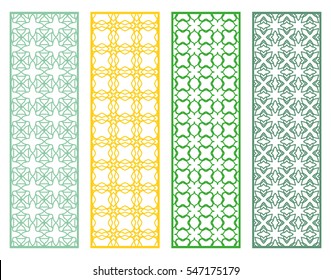 Decorative lace borders patterns. Tribal ethnic arabic, indian, turkish ornament, bookmarks templates set. Isolated design elements. Stylized geometric floral border, colorful fashion collection