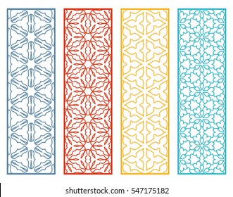 Decorative lace borders patterns. Tribal ethnic arabic, indian, turkish ornament, bookmarks templates set. Isolated design elements. Stylized geometric floral border, colorful fashion collection