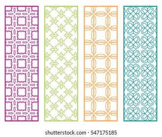Decorative lace borders patterns. Tribal ethnic arabic, indian, turkish ornament, bookmarks templates set. Isolated design elements. Stylized geometric floral border, colorful fashion collection
