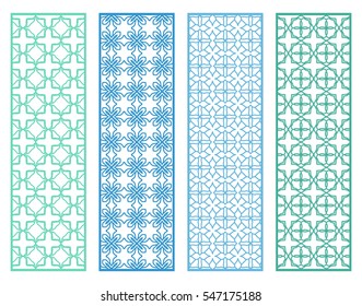 Decorative lace borders patterns. Tribal ethnic arabic, indian, turkish ornament, bookmarks templates set. Isolated design elements. Stylized geometric floral border, colorful fashion collection