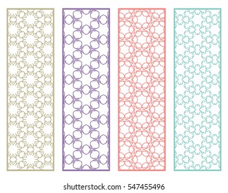 Decorative lace borders patterns. Tribal ethnic arabic, indian, turkish ornament, bookmarks templates set. Isolated design elements. Stylized geometric floral border, colorful fashion collection
