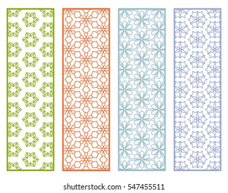 Decorative lace borders patterns. Tribal ethnic arabic, indian, turkish ornament, bookmarks templates set. Isolated design elements. Stylized geometric floral border, colorful fashion collection