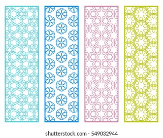 Decorative lace borders patterns. Tribal ethnic arabic, indian, turkish ornament, bookmarks templates set. Isolated design elements. Stylized geometric floral border, colorful fashion collection