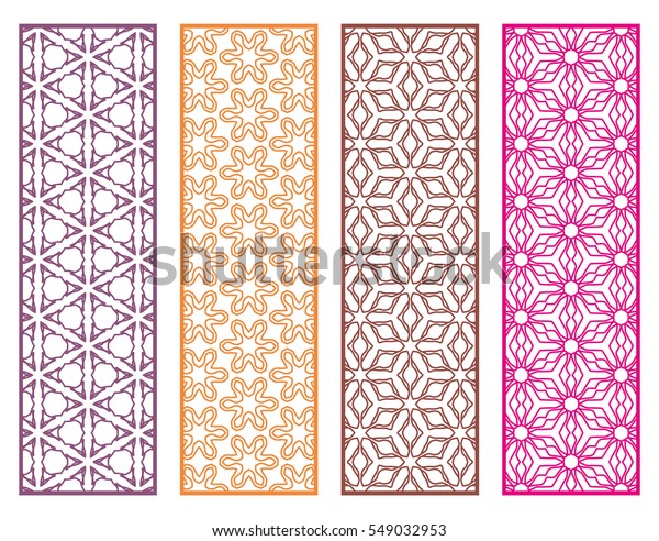 Decorative lace borders patterns. Tribal\
ethnic arabic, indian, turkish ornament, bookmarks templates set.\
Isolated design elements. Stylized geometric floral border,\
colorful fashion\
collection
