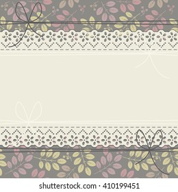 Decorative lace frame with stylish spring leaves and flowers can be used for greeting cards, wedding invitations,  baby shower and more creative designs.