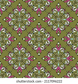 Decorative lace pattern in baroque or damask style. Floral elements of white and bright pink color on an olive background. Fashionable and glamorous decoration of any of your bold advertising projects