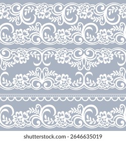 A decorative lace pattern featuring floral designs on a soft gray background, suitable for textiles or graphic design.