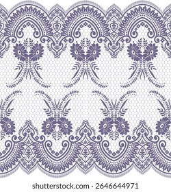 A decorative lace pattern featuring floral motifs and intricate designs in a purple hue.