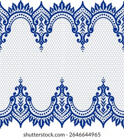 Um padrão de renda decorativo com desenhos intrincados em azul, adequado para aplicações de design têxtil ou gráfico.