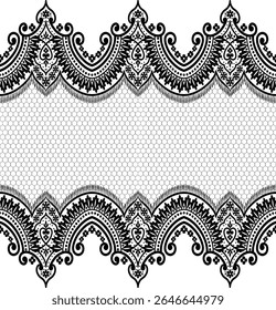 A decorative lace pattern featuring intricate black designs on a white background, suitable for various artistic applications.