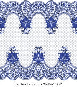 A decorative lace pattern featuring intricate floral designs in blue on a white background, ideal for textiles or crafts.