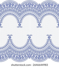 A decorative lace pattern featuring intricate designs and a repeating scalloped motif in blue tones.