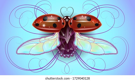 ladybug decorativo con alas abiertas en forma de una preciosa decoración en un fondo azul lavanda