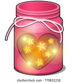 Decorative lamp form of glass jar with garland of stars inside isolated on white background. Sample of poster, party holiday invitation, festive banner, card. Vector cartoon close-up illustration.