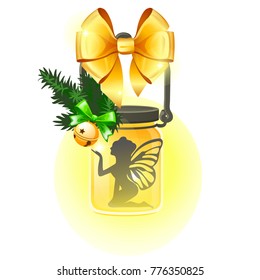 Decorative lamp form of glass jar with golden ribbon bow, silhouette angel isolated on white background. Sample of poster, party holiday invitation, festive card. Vector cartoon close-up illustration.