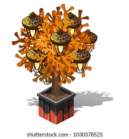 Decorative lamp in the form of a potted tree with plafonds in the form of acorns isolated on white background. Vector cartoon close-up illustration.